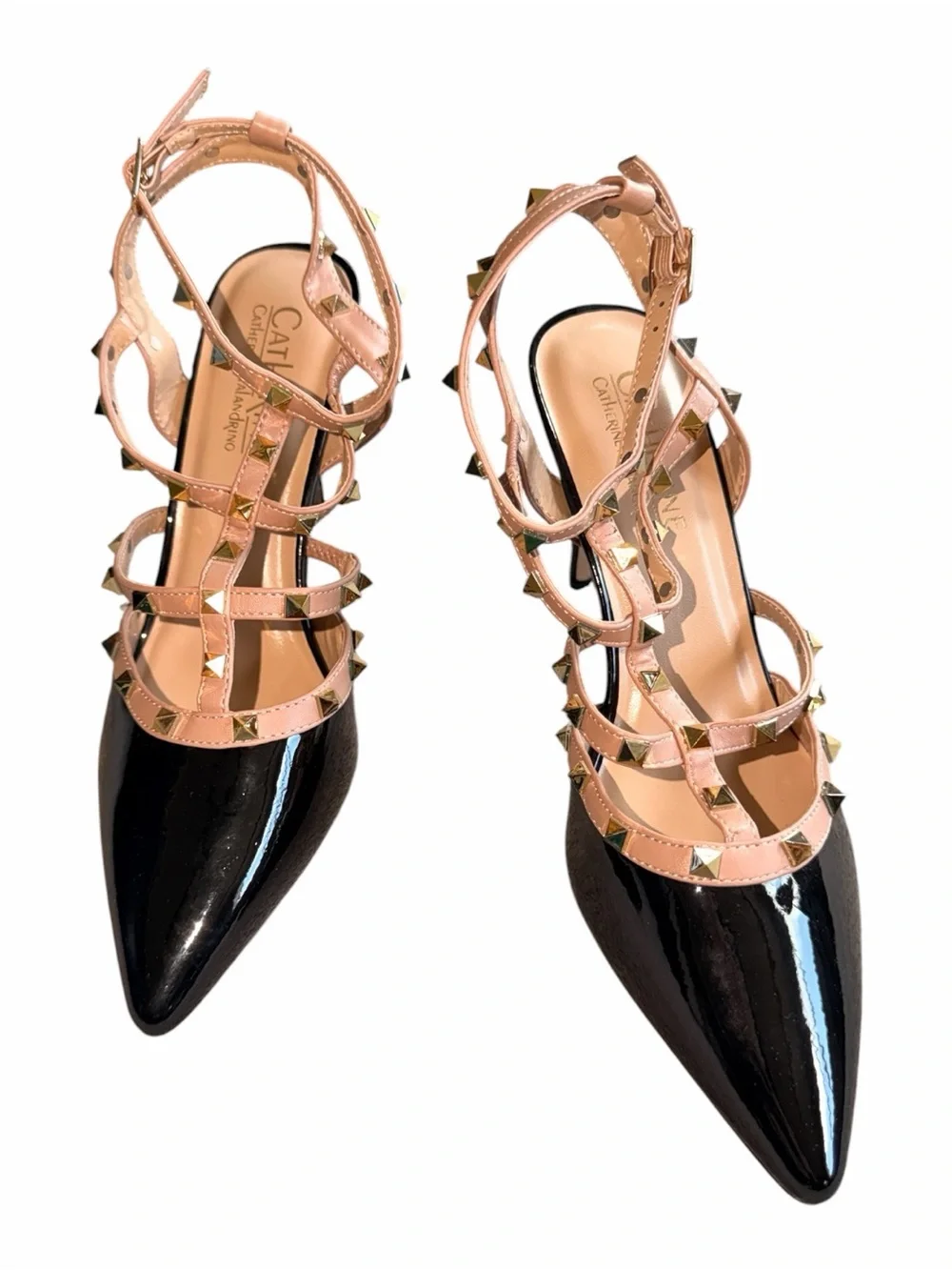 NEW Catherine Malandrino Black Patent Nude Gold Studded Strappy Heels Stud